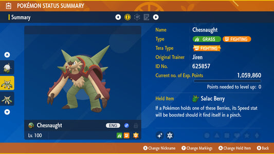 Pokemon Scarlet and Violet Marked Shiny Chesnaught 6IV-EV Trained - Pokemon4Ever