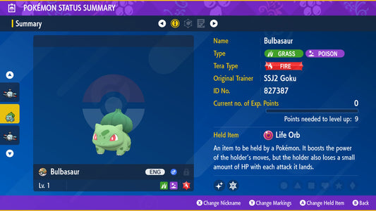 Shiny Bulbasaur 6IV-EV Trained for Pokémon Scarlet & Violet