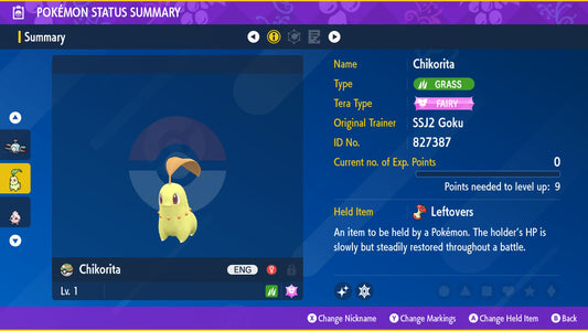 Pokemon Scarlet and Violet Shiny Chikorita 6IV-EV Trained - Pokemon4Ever