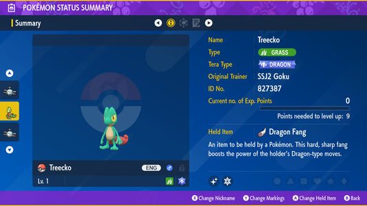 Shiny Treecko 6IV-EV Trained for Pokémon Scarlet & Violet