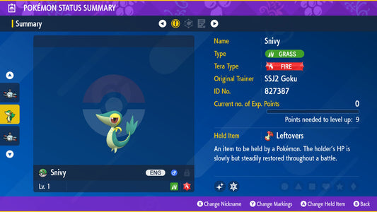 Pokemon Scarlet and Violet Shiny Snivy 6IV-EV Trained - Pokemon4Ever