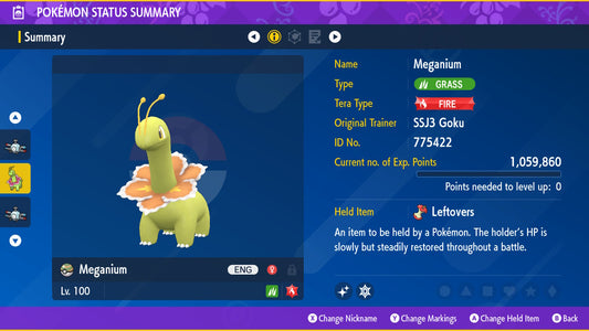 Pokemon Scarlet and Violet Shiny Meganium 6IV-EV Trained - Pokemon4Ever