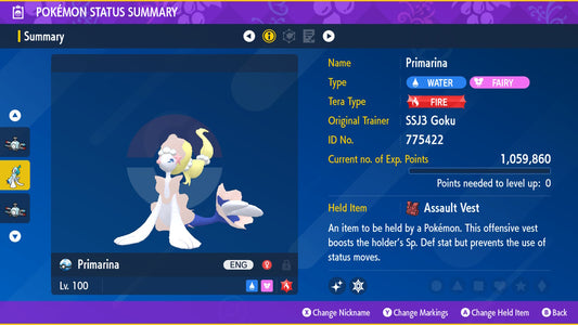 Pokemon Scarlet and Violet Shiny Primarina 6IV-EV Trained - Pokemon4Ever