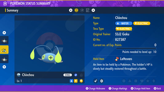 Pokemon Scarlet and Violet Shiny Chinchou 6IV-EV Trained - Pokemon4Ever