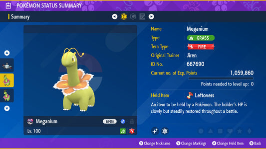 Pokemon Scarlet and Violet Marked Shiny Meganium 6IV-EV Trained - Pokemon4Ever