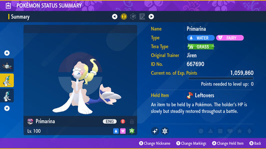 Pokemon Scarlet and Violet Marked Shiny Primarina 6IV-EV Trained - Pokemon4Ever