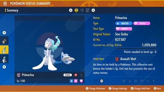 Pokemon Scarlet and Violet Primarina The Unrivaled 6IV-EV Trained - Pokemon4Ever