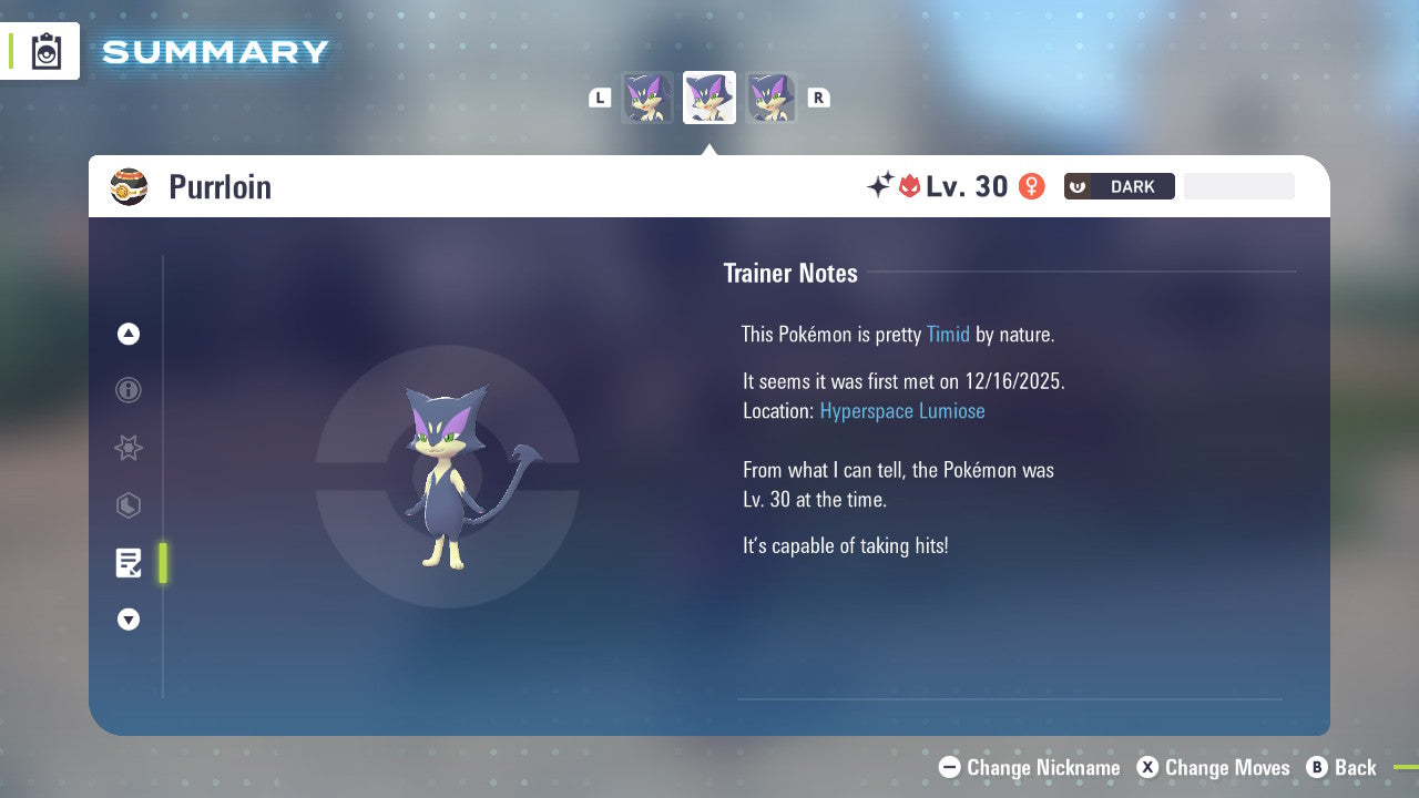 Pokemon Legends ZA Alpha Shiny Purrloin 6IV-EV Trained