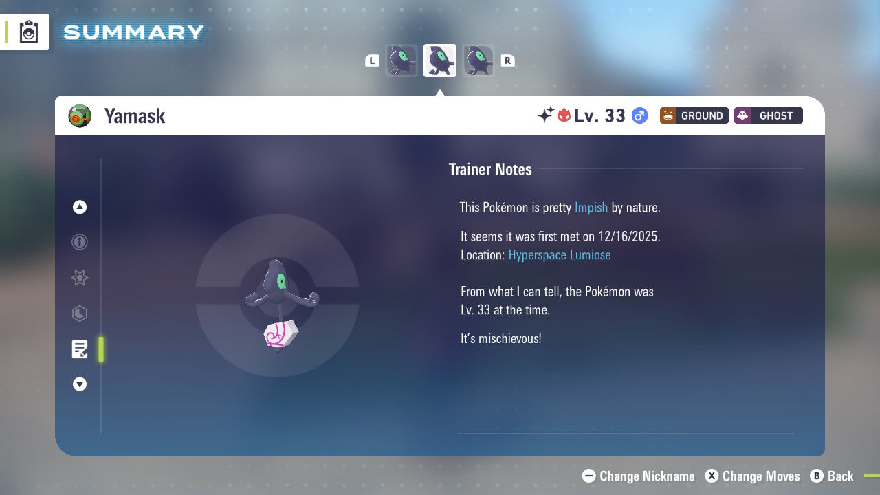 Pokemon Legends ZA Alpha Shiny Galarian Yamask 6IV-EV Trained