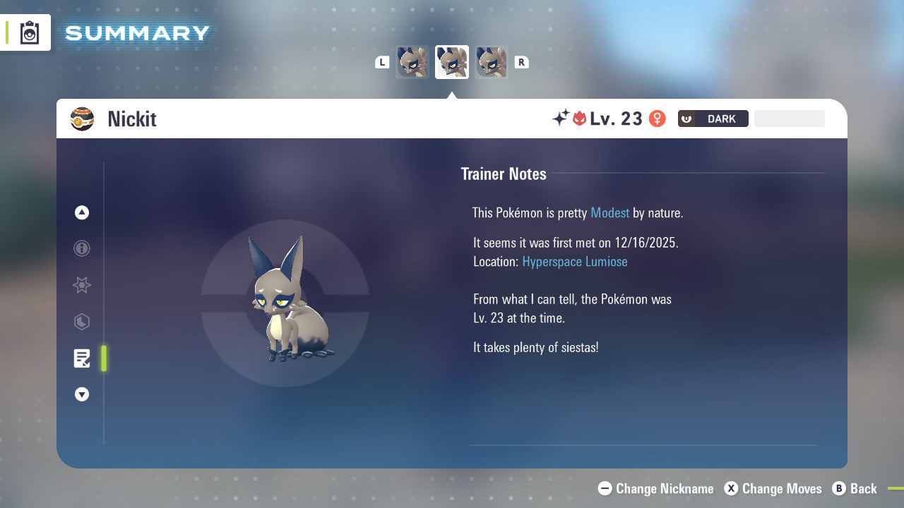 Pokemon Legends ZA Alpha Shiny Nickit 6IV-EV Trained