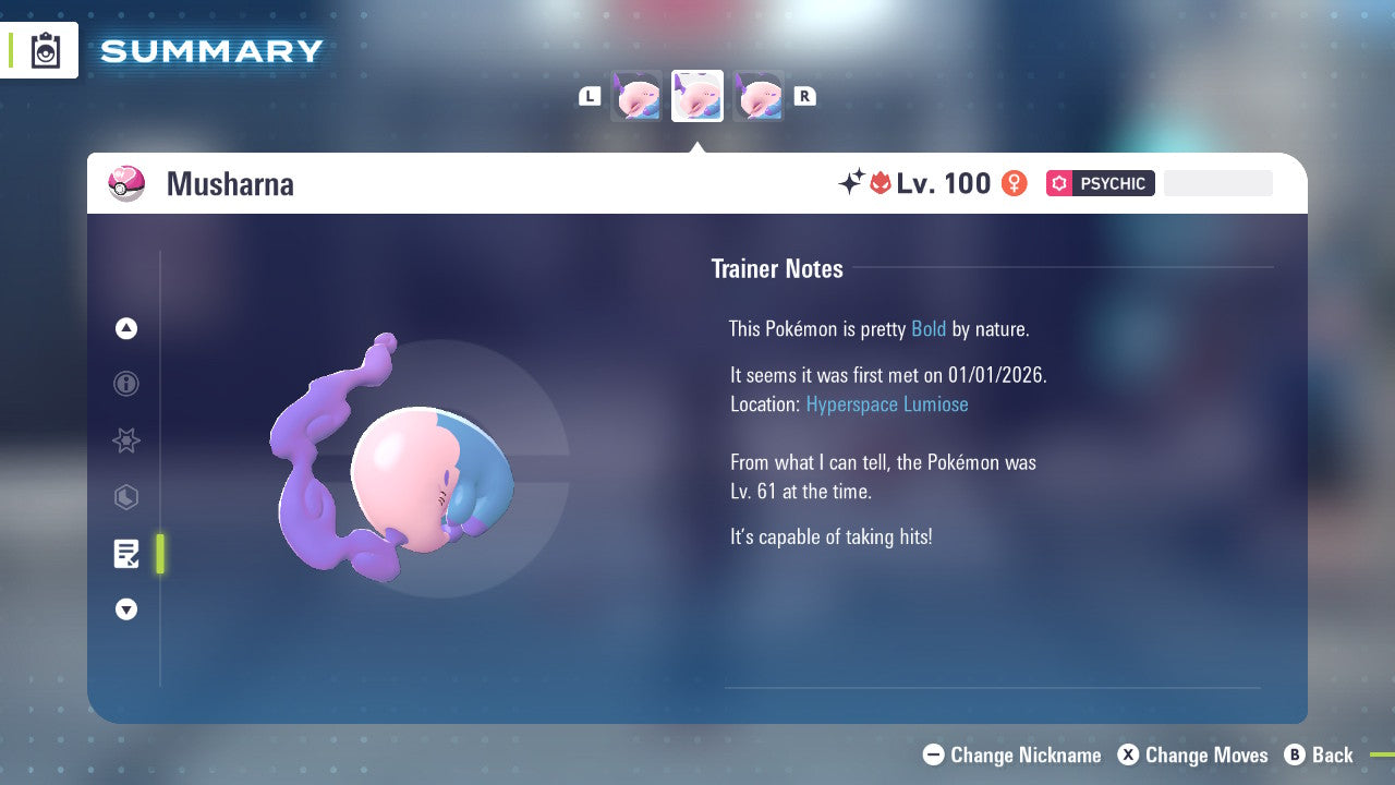 Pokemon Legends ZA Alpha Shiny Musharna 6IV-EV Trained