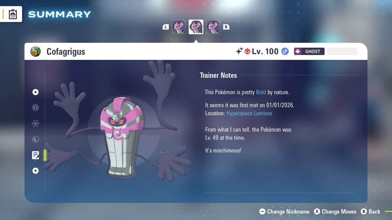 Pokemon Legends ZA Alpha Shiny Cofagrigus 6IV-EV Trained