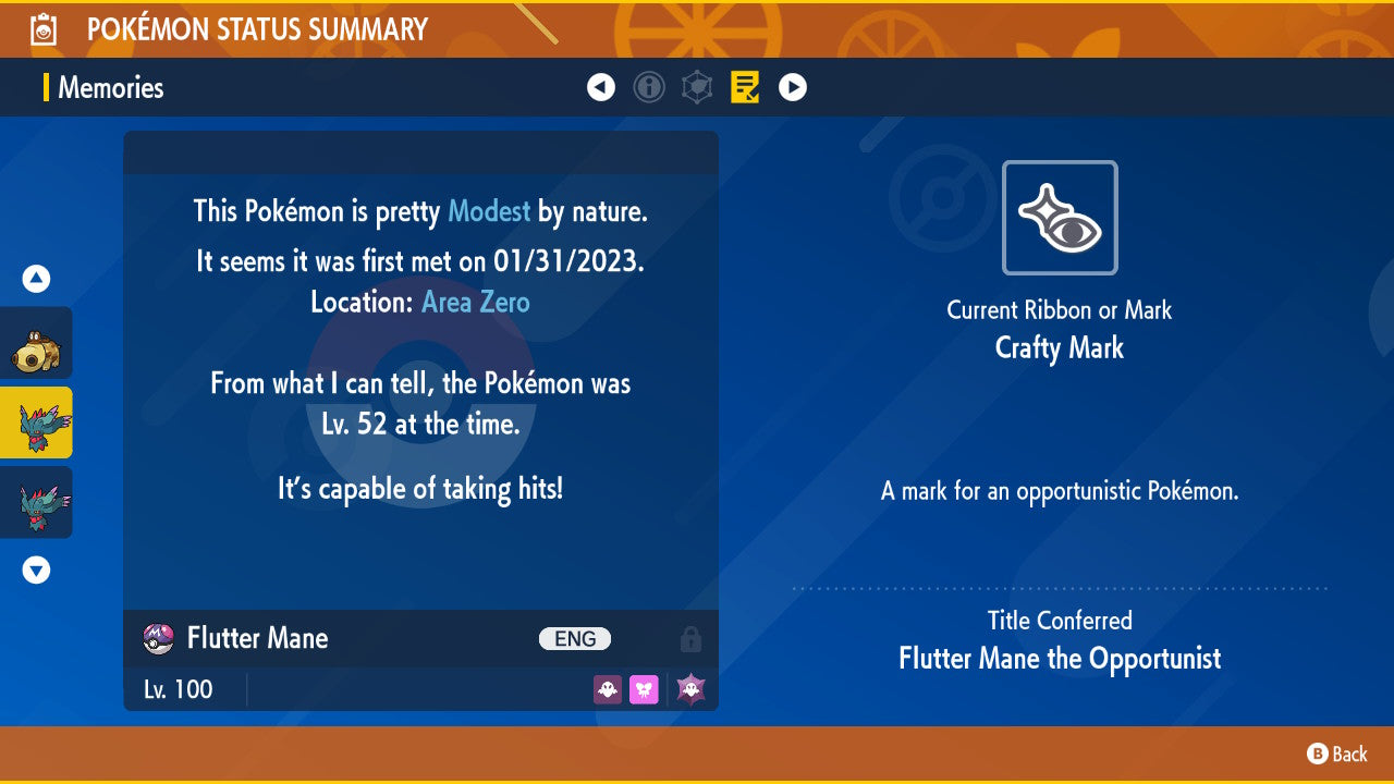 Pokemon Scarlet and Violet Marked Shiny Flutter Mane 6IV-EV Trained - Pokemon4Ever