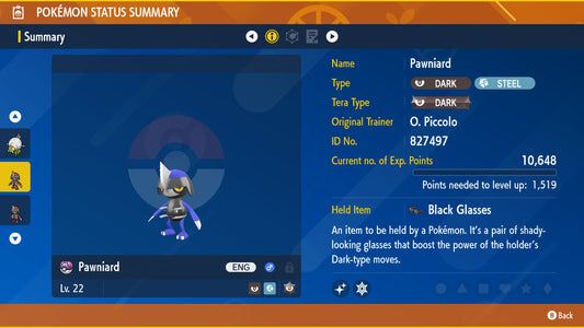 Pokemon Scarlet and Violet Marked Shiny Pawniard 6IV-EV Trained - Pokemon4Ever