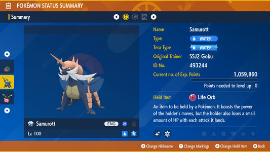 Pokemon Scarlet and Violet Marked Shiny Samurott 6IV-EV Trained - Pokemon4Ever