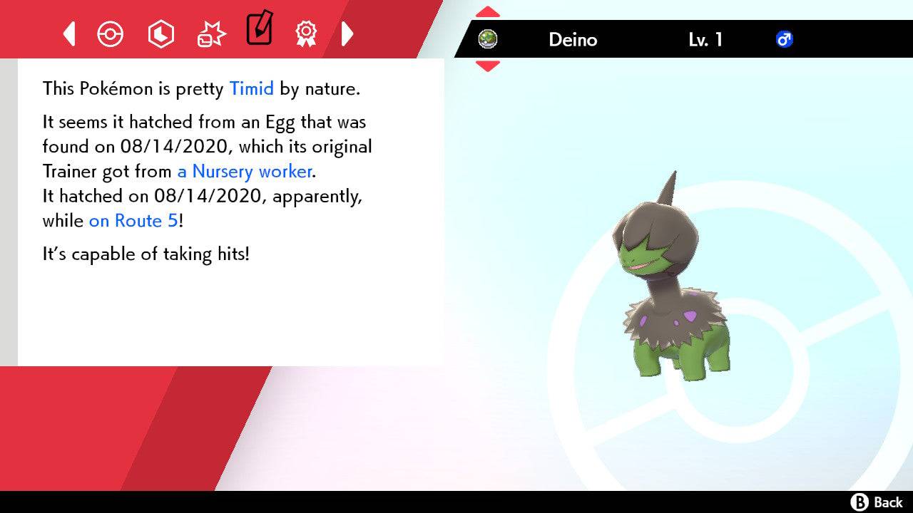 Pokemon Sword and Shield Shiny Deino 6IV-EV Trained - Pokemon4Ever