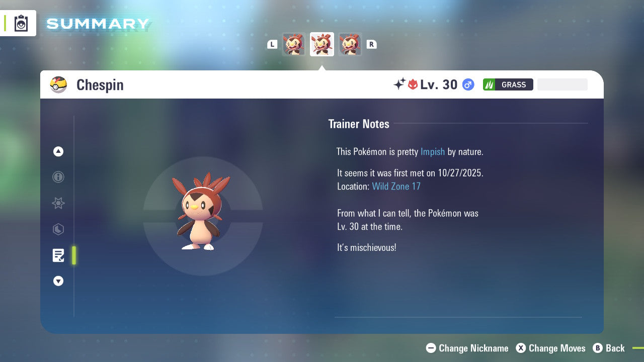 Pokemon Legends ZA Alpha Shiny Chespin 6IV-EV Trained - Pokemon4Ever