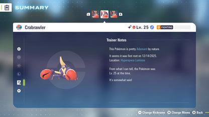 Pokemon Legends ZA Alpha Shiny Crabrawler 6IV-EV Trained