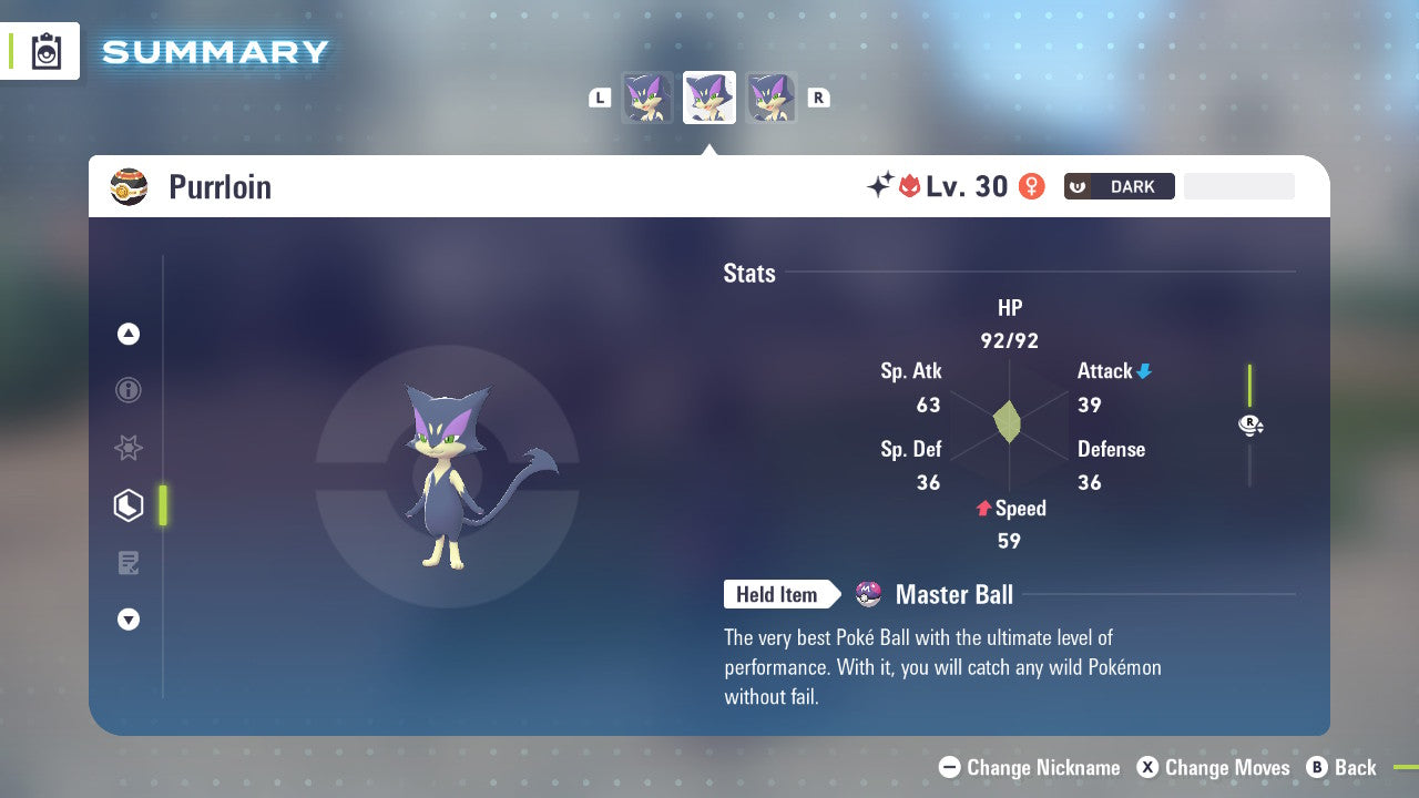 Pokemon Legends ZA Alpha Shiny Purrloin 6IV-EV Trained