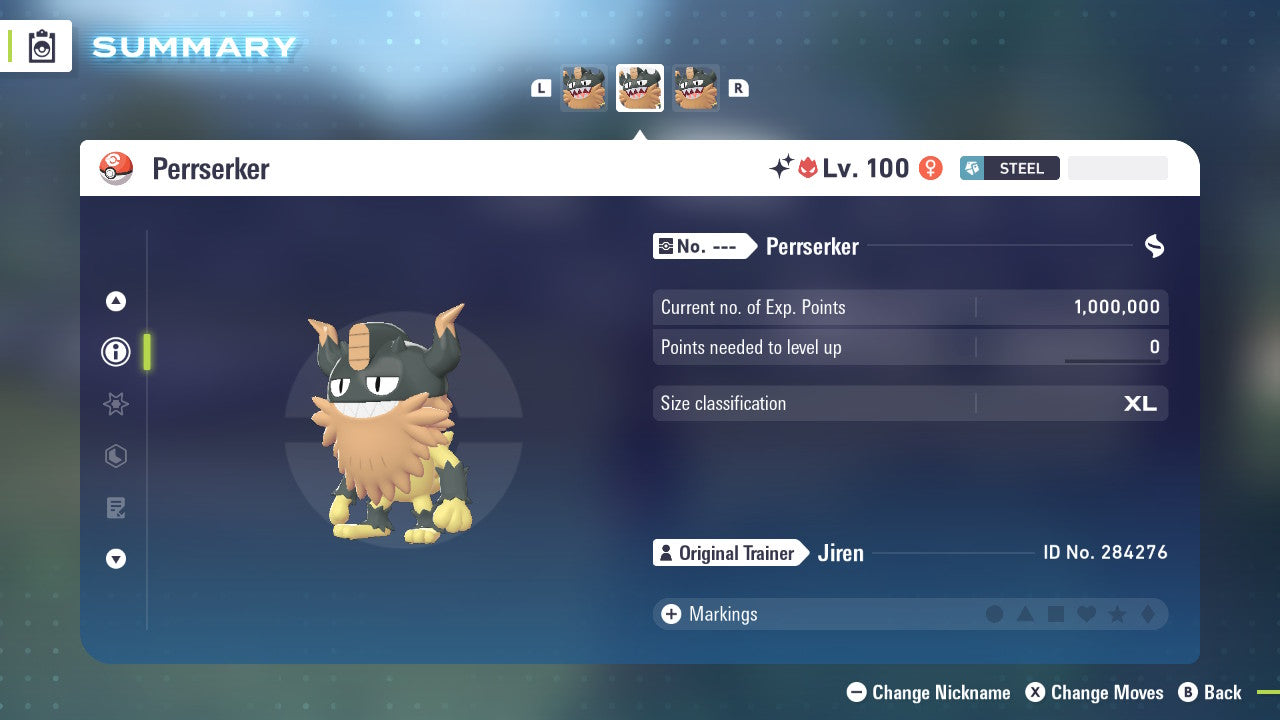 Pokemon Legends ZA Alpha Shiny Perrserker 6IV-EV Trained