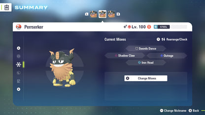 Pokemon Legends ZA Alpha Shiny Perrserker 6IV-EV Trained