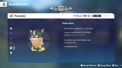 Pokemon Legends ZA Alpha Shiny Perrserker 6IV-EV Trained