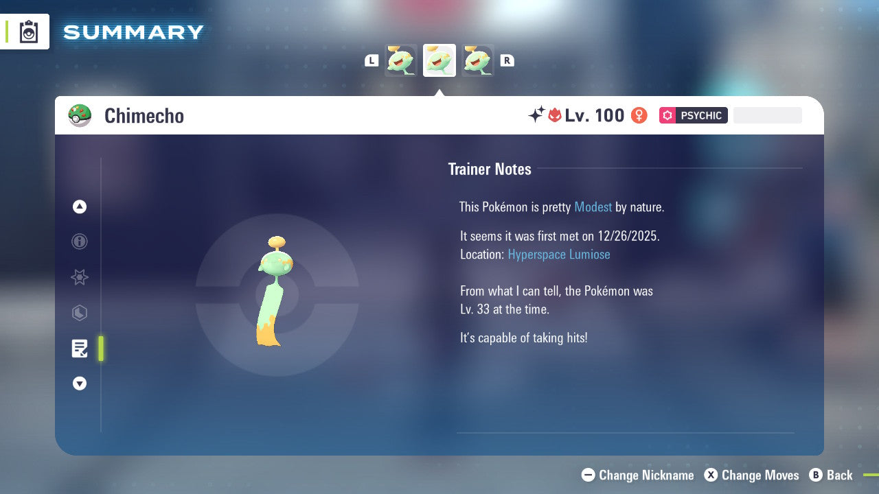 Pokemon Legends ZA Alpha Shiny Chimecho 6IV-EV Trained