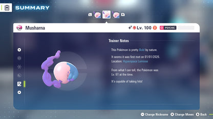 Pokemon Legends ZA Alpha Shiny Musharna 6IV-EV Trained