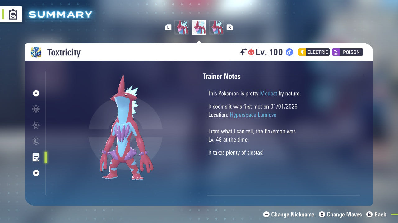 Pokemon Legends ZA Alpha Shiny Toxtricity-Low-Key 6IV-EV Trained