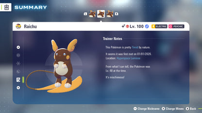 Pokemon Legends ZA Alpha Shiny Alolan Raichu 6IV-EV Trained