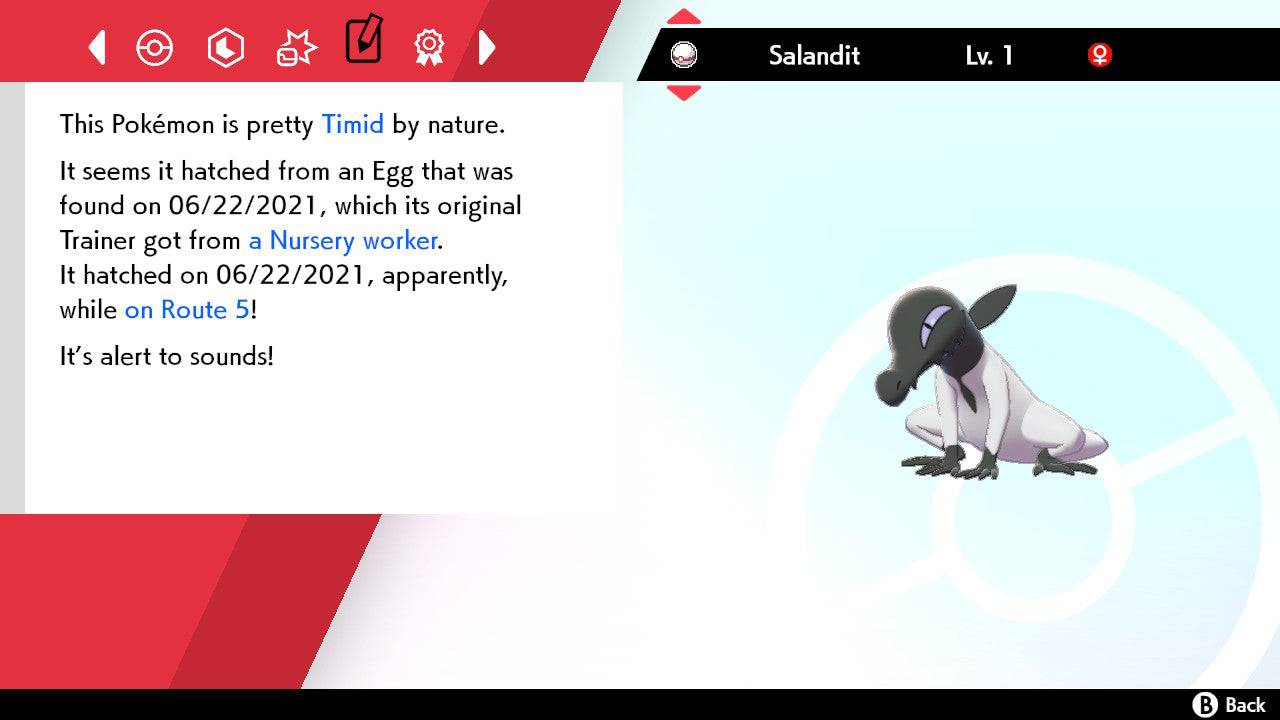 Pokemon Sword and Shield Shiny Salandit 6IV-EV Trained - Pokemon4Ever